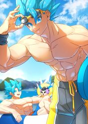  3boys abs bare_pectorals black_eyes blue_eyes blue_hair blue_sky blue_swim_trunks cloud dated_commentary day dragon_ball dragon_ball_super dragon_ball_z earrings father_and_son gamubanku gogeta goggles goggles_on_head gotenks innertube jewelry looking_at_viewer male_focus male_swimwear multicolored_hair multiple_boys muscular muscular_male on_innertube open_mouth pectorals potara_earrings short_hair sky smile smirk spiked_hair splashing super_saiyan super_saiyan_blue swim_goggles swim_ring swim_trunks swimming twitter_username two-tone_hair vegetto water wristband 