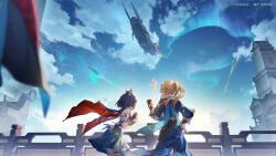  1boy architecture black_hair blonde_hair blue_sky cape cloud cloudy_sky commentary_request crown dress east_asian_architecture female fingerless_gloves gloves hand_on_own_hip highres honkai:_star_rail honkai_(series) index_finger_raised jacket long_hair official_art outdoors pants pillar ponytail short_hair sky spacecraft standing white_dress yanqing_(honkai:_star_rail) yunli_(honkai:_star_rail) 