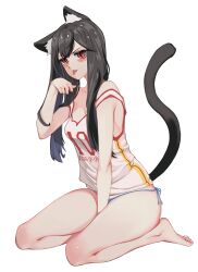  absurdres animal_ears bare_arms bare_shoulders barefoot between_legs black_hair black_tail blue_panties blush cat_ears cat_girl cat_tail clothes_writing double_strap_slip feet female full_body hand_between_legs hand_up highres ka_ku_yi_de_xiao_gege long_hair looking_at_viewer making-of_available no_pants off_shoulder original panties paw_pose red_eyes simple_background sitting sleeveless solo tail tail_raised tank_top toes tongue tongue_out underwear white_background white_tank_top 