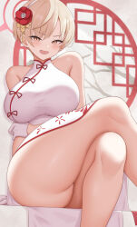  bare_legs bare_shoulders blonde_hair blue_archive blush breasts china_dress chinese_clothes crossed_legs dress earrings feet_out_of_frame female flower gloves hair_flower hair_ornament halo highres indoors jewelry large_breasts looking_at_viewer marina_(blue_archive) marina_(qipao)_(blue_archive) short_hair sitting sleeveless sleeveless_dress solo stud_earrings sweatdrop thighs white_dress white_gloves yasojima_nejiro 