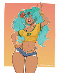  ahoge antenna_hair aqua_eyes aqua_hair arm_up artist_name bead_choker bead_necklace beads belly_chain bikini bikini_under_clothes blush bracelet brazilian_flag brazilian_flag_print brazilian_miku breasts chromatic_aberration cleavage contrapposto crop_top dark-skinned_female dark_skin earrings exposed_pocket eyelashes eyewear_on_head female film_grain flag_print flower gradient_background hair_between_eyes hair_flower hair_ornament hand_on_own_hip hatsune_miku heart highleg highleg_bikini highres jewelry light_blush long_hair looking_at_viewer loose_clothes loose_shirt madogg medium_breasts micro_shorts midriff multiple_bracelets navel necklace open_fly open_hand open_mouth outline outside_border patreon_username pink_background print_shirt red_lips round_teeth shirt short_sleeves shorts side-tie_bikini_bottom sidelocks single_bare_shoulder smile solo stomach sunglasses swimsuit tan tanline_peek tanlines teeth thigh_gap thighs tied_shirt tongue twintails upper_teeth_only vocaloid white_background white_outline wide_hips yellow_background yellow_shirt 