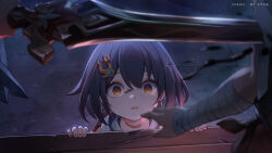  1other black_hair choker empty_eyes female hammer highres holding holding_sword holding_weapon honkai:_star_rail honkai_(series) looking_at_viewer nail_polish official_art open_mouth short_hair stab sword weapon wrist_wrap yellow_eyes yunli_(honkai:_star_rail) 