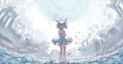  :d ^_^ animal animal_ears animal_hug animal_on_head bare_arms bare_shoulders barefoot closed_eyes column commentary_request day debris doubutsunoujyou dress facing_viewer female flower grey_hair hair_between_eyes highres on_head original outdoors petals pillar rabbit rabbit_ears ruins sky sleeveless sleeveless_dress smile solo standing white_dress white_flower 