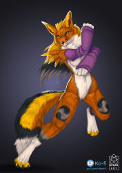  anthro armwear bandai_namco black_nose blonde_hair breasts bridal_gauntlets canid canine claws clothing digimon digimon_(species) dipstick_tail facial_markings female fox fur hair head_markings mammal markings navel nievaris renamon reyna_(reynafox) solo tail tail_markings toe_claws yellow_eyes 