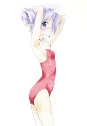  armpits arms_behind_head blue_eyes blush breasts commentary female from_side hair_bun hair_ribbon highres hiiragi_kagami looking_back lucky_star nose_blush one-piece_swimsuit open_mouth profile purple_hair ribbon shiki_59 small_breasts solo swimsuit symbol-only_commentary 