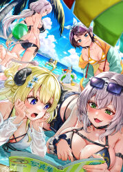  4girls animal_ears ball barefoot beach beachball bikini black_bikini black_nails blonde_hair blue_bikini blue_eyes blue_jacket blue_sky blush breasts brown_hair buru-dai cloud dan&#039;in-san_(shirogane_noel) green_eyes grey_eyes grey_hair highres holding holding_ball holding_beachball hololive horns jacket large_breasts lion_ears lion_girl lion_tail long_hair looking_at_viewer low_twintails multiple_girls nail_polish official_alternate_costume oozora_subaru oozora_subaru_(hololive_summer_2019) open_mouth palm_leaf palm_tree purple_eyes sand sheep_ears sheep_girl sheep_horns shirogane_noel shirogane_noel_(summer_2020) shishiro_botan side-tie_bikini_bottom sideboob sky smile ssrb_(shishiro_botan) striped_bikini striped_clothes subaru_duck swimsuit tail tree tsunomaki_watame twintails two-sided_fabric two-sided_jacket virtual_youtuber wavy_mouth yellow_jacket 