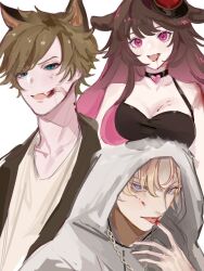  2boys :3 animal_ears animification antfrost aqua_eyes bare_shoulders bishounen black_choker black_jacket black_tank_top blonde_hair blood blood_from_mouth blood_on_face blue_eyes breasts brown_hair cat_boy cat_ears chain_necklace chains choker cleavage commentary dog_ears dog_girl dripping_blood english_commentary extra_ears fangs female firofilo gradient_hair hat heart highres hood hood_up hoodie humanization indie_virtual_youtuber jacket jewelry jitome light_brown_hair long_hair looking_at_viewer medium_breasts minecraft_youtube multicolored_hair multiple_boys necklace open_clothes open_jacket open_mouth piercing pink_eyes pink_hair punz red_hat shirt short_hair simple_background smile tank_top tongue tongue_out tongue_piercing two-tone_hair upper_body vampire vgumiho white_background white_hoodie white_shirt 