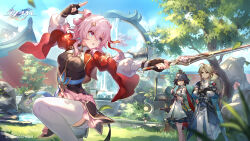  1boy 2girls architecture black_gloves black_hair blue_eyes blue_sky breasts brown_hair chinese_clothes closed_mouth day dress east_asian_architecture fingerless_gloves gloves grass hair_ornament highres holding holding_sword holding_weapon honkai:_star_rail honkai_(series) jacket jian_(weapon) long_hair long_sleeves looking_at_viewer march_7th_(honkai:_star_rail) march_7th_(hunt)_(honkai:_star_rail) multiple_girls official_art open_mouth outdoors pink_eyes pink_hair purple_eyes short_hair shuangyaji sky standing sword thighhighs third-party_source tree weapon yanqing_(honkai:_star_rail) yunli_(honkai:_star_rail) 