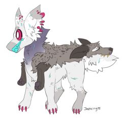  2019 alpha_channel ambiguous_gender animal_skin blue_teeth canid canine claws digital_drawing_(artwork) digital_media_(artwork) digitigrade ear_piercing eyebrows feral flat_colors fur grey_body grey_eyebrows grey_fur grin jaspering mammal noseless paws piercing red_claws red_sclera signature simple_background smile snout solo standing tail tea_(jaspering) teeth transparent_background white_eyes 