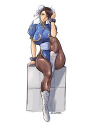  boots bracelet breasts brown_eyes brown_hair bun_cover china_dress chinese_clothes chun-li closed_mouth commentary cross-laced_footwear double_bun dress female full_body hair_bun highres jewelry large_breasts lightsosis looking_at_viewer pantyhose short_hair simple_background sitting smile solo spiked_bracelet spikes street_fighter thighs white_background white_footwear 