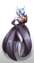  absurdres alternate_color artist_name black_dress blue_hair bob_cut breasts colored_skin dress elbow_gloves female gardevoir gloves hair_over_one_eye highres looking_at_viewer mega_gardevoir mega_pokemon mokkoyu orange_eyes parted_lips pokemon pokemon_(creature) shiny_pokemon side_slit simple_background strapless strapless_dress white_background white_gloves white_skin 