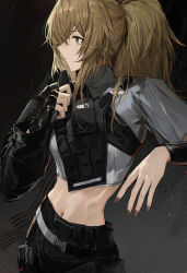  absurdres arknights black_background black_gloves black_pants blonde_hair brown_nails chinese_commentary closed_mouth commentary_request cowboy_shot crop_top cropped_shirt female fingerless_gloves fingernails gloves grey_background grey_shirt hand_up highres long_hair looking_ahead midriff nail_polish navel pants profile qingfeng_canying shirt siege_(arknights) single_glove solo standing yellow_eyes 