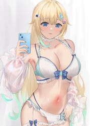  absurdres aizawa_ema aizawa_ema_(vspo!_summer_2024) aoibajiru aqua_bikini aqua_gemstone bikini blonde_hair blue_bikini blue_bow blue_eyes blue_hair blush bow bow_bikini breasts bridal_garter cat_hair_ornament cellphone choker contrapposto detached_sleeves earrings female frilled_bikini frills gradient_hair green_nails hair_flaps hair_ornament hairclip hand_on_own_hip highres holding holding_phone jewelry lace lace_choker large_breasts long_hair long_sleeves looking_at_viewer multi-strapped_bikini_bottom multi-strapped_bikini_top multicolored_hair navel parted_lips phone see-through see-through_sleeves selfie simple_background single_earring smartphone solo stomach swimsuit taking_picture two-tone_bikini very_long_hair virtual_youtuber vspo! white_background white_bikini white_choker 