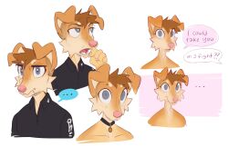  anthro brown_body brown_fur brown_hair canid canine canis collar collar_tag collared_shirt dialogue dogboy_(heresvix) domestic_dog ellipsis english_text fangs fur hair half-closed_eyes heresvix hi_res male mammal narrowed_eyes open_mouth simple_background smile solo speech_bubble tan_body tan_fur teeth text white_background wide_eyed wide_hips 