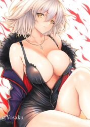  ahoge black_dress breasts cleavage coat dress fate/grand_order fate_(series) female fur_trim grey_hair hair_between_eyes highres huge_breasts jacket jeanne_d&#039;arc_alter_(fate) jeanne_d&#039;arc_alter_(ver._shinjuku_1999)_(fate) jewelry large_breasts long_sleeves looking_at_viewer necklace official_alternate_costume open_clothes short_hair solo yellow_eyes yosaku_vs_hina 