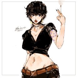  arm_tattoo belt black_hair black_shirt blue_eyes bon_drawr brown_belt choker cigarette closed_mouth cowboy_shot crop_top dated doll_(one_piece) earrings english_commentary female highres holding holding_cigarette hoop_earrings jewelry looking_to_the_side navel one_piece red_lips shirt short_hair simple_background smoke solo spiked_choker spikes tattoo twitter_username white_background 