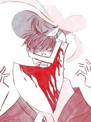  1boy absurdres blood blood_from_mouth blood_on_clothes blood_on_dress closed_eyes closed_mouth dress faceless faceless_male female frown fuura_kafuka glasses hands_up haori hat head_hug highres homilpain hug itoshiki_nozomu japanese_clothes off_shoulder parted_lips rope_marks sayonara_zetsubou_sensei shaded_face shirt short_dress short_hair simple_background sitting_on_shoulder smile strangulation_mark sun_hat sundress upper_body white_background white_dress 