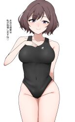  absurdres black_hair black_one-piece_swimsuit breasts collarbone competition_swimsuit female gakuen_idolmaster grey_eyes hand_on_own_chest highleg highleg_one-piece_swimsuit highres idolmaster large_breasts neo_asari one-piece_swimsuit short_hair simple_background smile solo swimsuit translation_request white_background zerachin8 