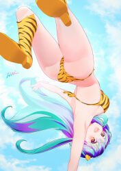  absurdres animal_print artist_name ass bikini blue_hair blue_sky boots breasts cloud cone_horns day female fur_bikini high_heel_boots high_heels highres horns itou_kazuki long_hair lum medium_breasts oni open_mouth orange_eyes outdoors print_bikini print_footwear sky small_horns smile solo strapless strapless_bikini swimsuit tiger_print upside-down urusei_yatsura yellow_bikini yellow_horns 