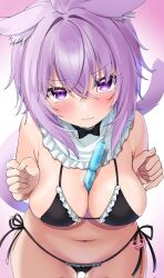  ahoge animal_ear_fluff animal_ears between_breasts bikini black_bikini blush breasts breasts_squeezed_together cat_ears cat_girl cat_tail female food frilled_bikini frills hair_between_eyes highres hololive large_breasts looking_at_viewer navel nekomata_okayu purple_eyes purple_hair short_hair side-tie_bikini_bottom simple_background solo swimsuit tail toketa_neko tupet virtual_youtuber 