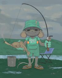  4_fingers anthro biped bucket clothed clothing container dorsal_fin drugs duo feral fin fingers fish fishing_rod flintchips green_clothing green_hat green_headwear hat headgear headwear hi_res holding_fish holding_fishing_rod holding_object male mammal marijuana marine mouse murid murine rodent smile smoking smoking_marijuana tail tail_fin 