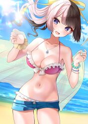  :d absurdres beach bead_bracelet beads bikini black_hair blue_eyes blue_shorts blue_sky bracelet breasts clothes_pull cloud day dutch_angle female floating_hair frilled_bikini frills front-tie_bikini_top front-tie_top hair_ribbon highres holding jewelry long_hair looking_at_viewer medium_breasts micro_shorts multicolored_hair navel necklace ocean open_mouth outdoors pink_bikini pink_hair ponytail ribbon sand scrunchie see-through shorts shorts_pull sky smile solo split-color_hair stomach strap_gap sun swimsuit tachibana_hinano_(vtuber) two-tone_hair unyon_bbunco virtual_youtuber vspo! water wrist_scrunchie yellow_ribbon yellow_scrunchie 