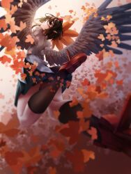  autumn_leaves bai_huashu belt bird_wings black_belt black_skirt black_socks black_wings closed_mouth collared_shirt commentary_request day falling_leaves feathered_wings female from_below geta hand_fan happy hat hauchiwa highres holding holding_fan kneehighs kneepits leaf leg_up legs looking_at_viewer looking_back miniskirt outdoors pleated_skirt pointy_ears puffy_short_sleeves puffy_sleeves red_eyes red_footwear red_hat shameimaru_aya shirt short_sleeves skirt smile socks solo tengu-geta tokin_hat touhou untucked_shirt white_shirt wings 