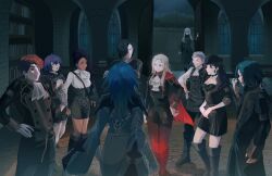  4boys 6+girls absurdres bernadetta_von_varley black_hair blue_hair brown_hair bunsketches byleth_(female)_(fire_emblem) byleth_(fire_emblem) caspar_von_bergliez dorothea_arnault edelgard_von_hresvelg ferdinand_von_aegir fire_emblem fire_emblem:_three_houses garreg_mach_monastery_uniform green_hair highres hubert_von_vestra linhardt_von_hevring lysithea_von_ordelia multiple_boys multiple_girls night orange_hair pantyhose petra_macneary skirt 