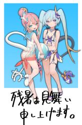  2girls :d ass bikini black_bikini blue_background blue_eyes blue_hair closed_mouth hair_ornament highres honkai_(series) honkai_impact_3rd kneepits liliya_olenyeva long_hair matsushita_yuubin multiple_girls one-piece_swimsuit open_mouth pink_hair purple_eyes rozaliya_olenyeva sandals shoe_soles siblings smile summer_uniform swimsuit tail twins twintails two-tone_background very_long_hair white_background white_one-piece_swimsuit 