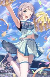  ;d absurdres arm_up armpits blue_ribbon blush breasts cheerleader confetti female gakuen_idolmaster grey_hair hair_ribbon half_up_braid highres holding holding_pom_poms idolmaster jumping katsuragi_lilja looking_at_viewer medium_breasts miniskirt navel one_eye_closed pleated_skirt pom_pom_(cheerleading) ribbon ribbon_braid shirt shoes short_hair skirt sleeveless sleeveless_shirt smile sneakers solo stadium streamers sweat taiyaki_yaita thighhighs white_thighhighs zettai_ryouiki 