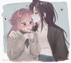  2girls after_kiss black_hair black_jacket black_shirt blush brown_sweater commentary cup disposable_cup english_commentary hand_blush hand_on_another&#039;s_shoulder heart highres holding holding_cup jacket japan-korea_yuri_(meme) japanese_flag lipstick_mark lipstick_mark_on_face long_hair meme midriff multiple_girls navel open_clothes open_jacket open_mouth original parted_lips red_lips red_nails shirt smile south_korean_flag sweater twitter_username upper_body white_shirt yuri zoulnova 