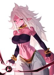  1girls android_21 angry arabian_clothes athletic athletic_female belly_button bracelet collar dragon_ball dragon_ball_fighterz dragon_ball_z energy_ball harem_outfit imminent_attack incoming_attack jewelry long_hair majin_android_21 medium_breasts navel pink_skin pointy_ears red_eyes tail white_hair zquung 