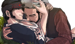  2boys ainu_clothes anko_(mwnwm) beard blush brown_shirt cheekbones facial_hair golden_kamuy grey_hair headband hug kirawus_(golden_kamuy) male_focus mature_male moustache multicolored_hair multiple_boys nihei_tetsuzou old old_man outdoors scar scar_on_face scar_on_forehead shirt sideburns sweatdrop two-tone_hair yaoi 