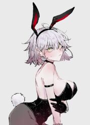  alternate_costume animal_ears black_choker black_gloves black_leotard black_pantyhose blush breasts choker cleavage closed_mouth earrings fake_animal_ears fake_tail fate/grand_order fate_(series) female gloves grey_background grey_hair highres jeanne_d&#039;arc_alter_(fate) jewelry large_breasts leotard looking_at_viewer official_alternate_costume pantyhose playboy_bunny rabbit_ears rabbit_tail ringo_1046 short_hair simple_background slit_pupils solo strapless strapless_leotard sweatdrop tail yellow_eyes 