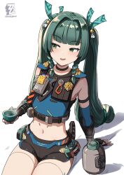  bare_shoulders black_gloves black_shorts blunt_bangs braid breasts choker crop_top cup female gloves green_eyes green_hair hair_ribbon highres long_hair looking_to_the_side midriff navel nosuku open_mouth police_badge qingyi_(zenless_zone_zero) ribbon short_shorts shorts side_braids sitting small_breasts smile solo thighs twintails zenless_zone_zero 