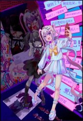  2girls :d absurdres ame-chan_(needy_girl_overdose) black_eyes black_footwear black_hair black_ribbon blonde_hair blood blood_on_face blue_bow blue_eyes blue_footwear blue_hair bow chinese_commentary chinese_text chouzetsusaikawa_tenshi-chan collared_shirt commentary_request full_body glitch hair_ornament hair_over_one_eye hairbow heart highres holding holding_phone long_hair long_sleeves looking_at_viewer multicolored_hair multiple_girls neck_ribbon needy_girl_overdose open_mouth phone photo_(object) pink_bow pink_hair pleated_skirt purple_bow qu_zhi_hua_bingdu quad_tails red_shirt ribbon sailor_collar school_uniform selfie serafuku shirt shoes skirt smile speech_bubble standing suspender_skirt suspenders taking_picture twintails very_long_hair vomiting_rainbows x_hair_ornament 