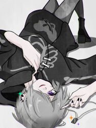  1boy absurdres alternate_design androgynous black_hoodie black_leggings black_nails boots commentary_request danganronpa_(series) danganronpa_v3:_killing_harmony ear_piercing earrings emo_fashion eyelashes grey_background grey_hair hair_over_one_eye highres holding holding_jewelry holding_necklace hood hoodie jewelry knees_up leggings looking_at_viewer lying male_focus nail_polish necklace oma_kokichi on_back owattaomame pale_skin piercing prototype_design purple_eyes short_hair skeleton_print smile solo sparkle upside-down 