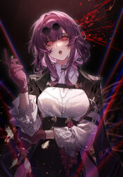  arm_support artist_name belt black_belt black_choker black_jacket black_shorts blood breasts broken_glass choker collared_jacket collared_shirt colored_inner_hair commentary elicooc eyewear_on_head female glass gloves hair_between_eyes hand_up highres honkai:_star_rail honkai_(series) jacket jewelry kafka_(honkai:_star_rail) large_breasts long_sleeves looking_at_viewer looking_down multicolored_hair open_clothes open_jacket open_mouth pink_eyes pink_gloves pink_hair puffy_long_sleeves puffy_sleeves purple_hair ring round_eyewear shirt short_hair short_hair_with_long_locks shorts sidelocks signature solo spider_web_print standing sunglasses teeth thread tongue white_shirt 