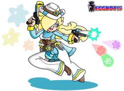  absurd_res blonde_hair bottomwear chaps clothing cowboy_hat digital_media_(artwork) eggbot15 female hair hat headgear headwear hi_res human mammal mario_bros nintendo pistols rosalina_(mario) shorts solo starbits super_mario_galaxy weapon western 