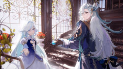  armlet black_bow black_gloves blue_coat blue_gemstone bow coat dress flat_chest focalors_(genshin_impact) frilled_sleeves frills gem genshin_impact gloves gold_trim jewelry juliet_sleeves long_hair long_sleeves looking_at_viewer low-tied_long_hair neuvillette_(genshin_impact) plant potted_plant puffy_sleeves reaching reaching_towards_viewer sidelocks sleeve_cuffs spiral_staircase stairs very_long_hair veryslow_zzzpin vines vision_(genshin_impact) white_dress white_hair 