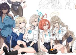  5girls akane_(blue_archive) asuna_(blue_archive) black_hair blonde_hair blue_archive blue_eyes bow breasts cleaning_&amp;_clearing_(blue_archive) clearite cleavage dark-skinned_female dark_skin glasses halo karin_(blue_archive) large_breasts long_hair looking_at_viewer mole multiple_girls neru_(blue_archive) red_eyes smile toki_(blue_archive) yellow_eyes 