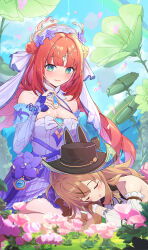  2girls :p absurdres bare_shoulders black_hat blue_gemstone blue_sleeves blush breasts brown_gloves brown_hair brown_hat cleavage closed_eyes commentary_request detached_sleeves dress dress_flower falling_petals flower gem genshin_impact gloves hair_between_eyes hand_up hat highres hydro_symbol_(genshin_impact) jewelry kirara_(genshin_impact) kirara_(phantom_in_boots)_(genshin_impact) kneeling long_hair long_sleeves looking_at_another lying_on_lap medium_breasts multicolored_hair multiple_girls nilou_(breeze_of_sabaa)_(genshin_impact) nilou_(genshin_impact) official_alternate_costume outdoors parted_lips petals purple_flower red_hair ring streaked_hair sweat syafa tongue tongue_out very_long_hair vision_(genshin_impact) 