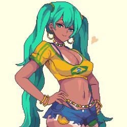  alternate_breast_size aqua_eyes aqua_hair bead_choker belly_chain bikini bikini_tan bikini_under_clothes blue_bikini blue_shirt borrowed_design bracelet brazil brazilian_flag brazilian_flag_print brazilian_miku breasts cleavage closed_mouth cowboy_shot crop_top cropped_shirt cutoffs dark-skinned_female dark_skin denim denim_shorts double_vertical_stripe earrings exposed_pocket female from_side gold_bracelet gold_earrings green_nails hair_between_eyes hair_tie hands_on_own_hips hatsune_miku heart highleg highleg_bikini hoop_earrings jewelry large_breasts long_hair looking_at_viewer looking_to_the_side lowleg lowleg_shorts midriff nail_polish navel pixel_art pixelcadete scoop_neck shirt short_sleeves shorts shorts_tan simple_background smile solo standing swimsuit tan tanlines twintails very_long_hair vocaloid yellow_background yellow_nails 