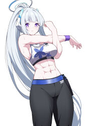  abs alternate_costume alternate_hairstyle bare_shoulders black_pants blue_archive blue_wristband breasts cleavage commentary cosplay english_commentary female halo headgear highres large_breasts long_hair md5_mismatch midriff muscular muscular_female navel noa_(blue_archive) pants purple_eyes reia_76 simple_background solo sports_bra stretching sumire_(blue_archive) sumire_(blue_archive)_(cosplay) sweat very_long_hair white_background white_hair white_halo white_sports_bra yoga_pants 