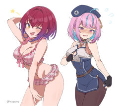  2girls arm_up beret bikini blush breasts brown_pantyhose cleavage cosplay embarrassed empty_eyes fingerless_gloves flying_sweatdrops frilled_bikini frills gloves hat high-waist_skirt hololive houshou_marine houshou_marine_(businesswoman) houshou_marine_(cosplay) large_breasts looking_at_viewer minato_aqua multiple_girls navel oerba_yun_fang official_alternate_costume official_alternate_hair_length official_alternate_hairstyle one_eye_closed open_mouth pantyhose pink_bikini plaid_bikini plaid_clothes red_hair shirt short_hair simple_background skin_fang skirt sleeveless sleeveless_shirt smile standing star_(symbol) swimsuit vinhnyu virtual_youtuber white_background white_shirt yellow_eyes 