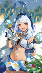  :d bare_arms bare_shoulders blue_hairband commentary_request cowboy_shot crop_top dark_skin female fingerless_gloves genshin_impact gloves grey_hair hairband highres holding_maracas long_hair looking_at_viewer midriff mualani_(genshin_impact) navel open_mouth paserin_ekaku smile solo standing stomach white_gloves 