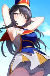  absurdres armpits black_hair bloomers blue_hat blue_sky blush breasts bright_pupils closed_mouth cloud commentary_request day female goe_(g-o-e) hat hibike!_euphonium highres kousaka_reina large_breasts long_hair looking_at_viewer marching_band outdoors purple_eyes skirt sky solo two-tone_skirt white_bloomers white_pupils white_skirt yellow_skirt 