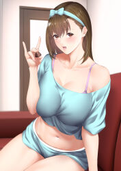  blue_bow blue_hairband blue_shirt blue_shorts blush bow bra breasts brown_eyes brown_hair chocolate collarbone commentary_request couch cropped_shirt door english_commentary female food hair_between_eyes hairband hairbow highres holding holding_chocolate holding_food indoors large_breasts looking_at_viewer midriff mixed-language_commentary navel on_couch open_mouth original purple_bra shirt short_sleeves shorts sitting solo teeth underwear valentine zucchini 