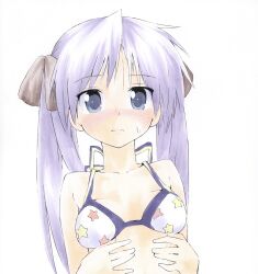  bare_shoulders bikini blue_bikini blue_eyes blush bow breasts brown_bow closed_mouth collarbone female hairbow hands_on_own_stomach highres hiiragi_kagami long_hair lucky_star number-only_commentary purple_hair shiki_59 simple_background small_breasts small_sweatdrop solo star_(symbol) star_print swimsuit twintails two-tone_bikini upper_body white_background white_bikini 