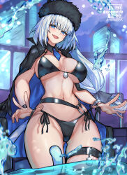  absurdres bikini black_bikini black_hat black_jacket blue_eyes blush bracelet breasts cat_girl cat_tail cleavage detached_collar dobrynya_nikitich_(fate) dobrynya_nikitich_(swimsuit_lancer)_(fate) dobrynya_nikitich_(swimsuit_lancer)_(first_ascension)_(fate) fate/grand_order fate_(series) female fur-trimmed_headwear fur_trim hat highres jacket jacket_on_shoulders jewelry large_breasts long_hair looking_at_viewer navel necktie open_mouth pool radishkek smile solo swimsuit tail thighs wading water white_hair 